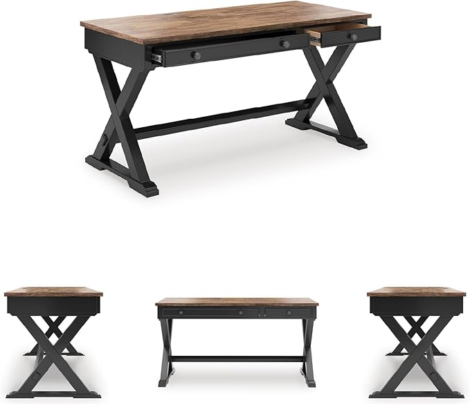 Signature Design by Ashley Wildenauer Farmhouse 1-Drawer 60 Home Office Desk with Keyboard Tray Cord Management and Trestle Base Dark Brown &amp Black