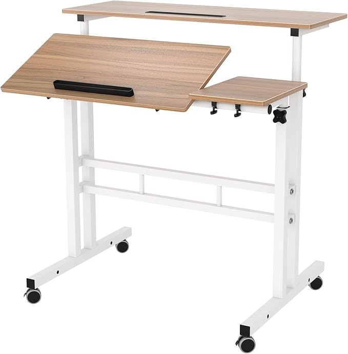DlandHome Adjustable Rolling Desk Standing Desk Sit-Stand Desk Cart Mobile Computer Desk Stand Up Desk Office Desk Riser Standing Table Workstation Mobile Desk Oak