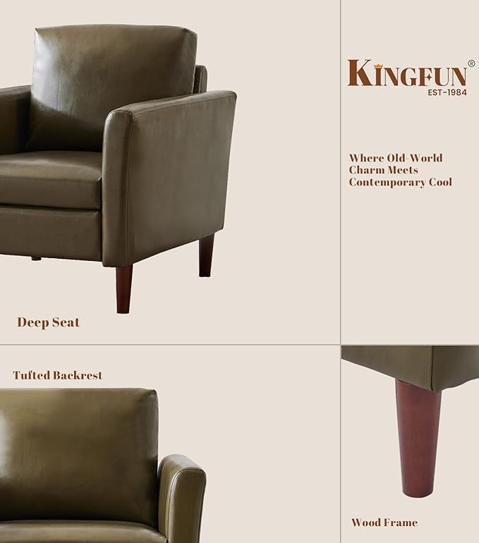 Kingfun Mid-Century Accent Chairs PU Leather Modern Upholstered Living Room Chair Cozy Armchair with Rolled Arms and Deep Seats Olive Green