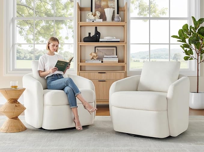 Swivel Barrel Chair Cloud 360° Upholstered Armchair with Removable Throw Pillow for Living Room Bedroom Modern Comfy Single Sofa Chairs Fully Assembled White
