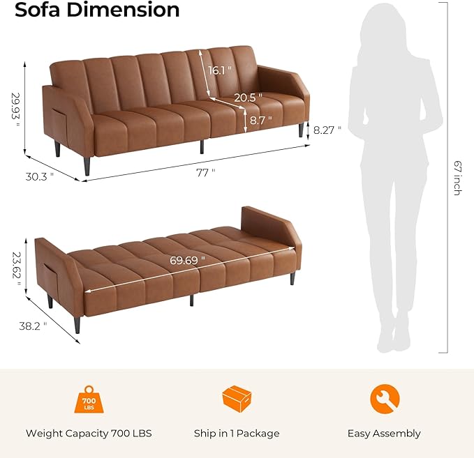 Fadware Faux Leather Couch Convertible Futon Sofa Bed with Adjustable Backrest Mid Century Leather Sofa Loveseat with Side Pockets&amp Metal Leg Modern Leather Sleeper Sofa for Living Room Bedroom