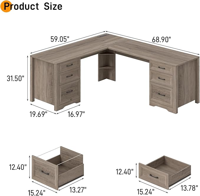 Farmhouse Home Office Desk with 6 Drawers L Shaped Executive Desk with Power Outlets and Triangle Under-Desk Storage Shelf &amp Drawer File Cabinet Corner Computer Desk Grey