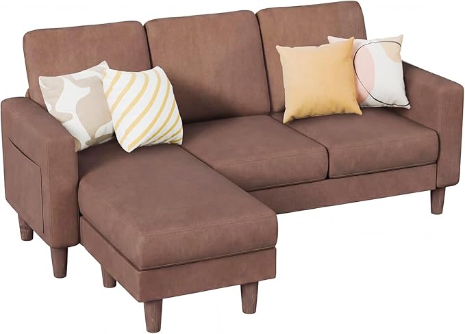 Homall 3 Seat Couch L Shape Sofa with Side Storage Pockage Sectional Couches with Reversible Ottoma Upholstered Sofa for Living Room and Small Spaces (Linen Fabric Coffee Brown)