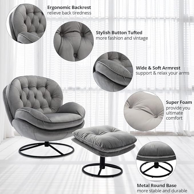 Velvet Swivel Accent Chair with Ottoman Set Modern Lounge Chair with Metal Base Frame &amp Footrest Comfortable Single Leisure Sofa Chair Reading Chair with 360 Degree Swiveling for Living Room Gr