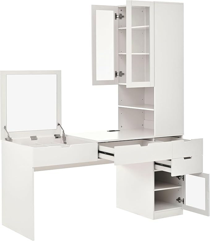 2-in-1 L-Shape Home Office Desk with Flip-top Mirror and Charging Station Studry Table with Hutch Computer Desk with 3 Drawers 8 Hidden Storage 2 Cabinets and Open Shelves (White)