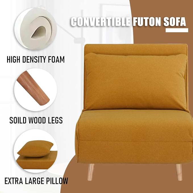 3 in 1 Sleeper Chair Bed Foldable Convertible Chair with Thickened Cushion and Sponge OTE Chenille Fabric Adjustable Backrest Upholstered Accent Chair for Apartment/Bedroom/Office - Yellow Brown