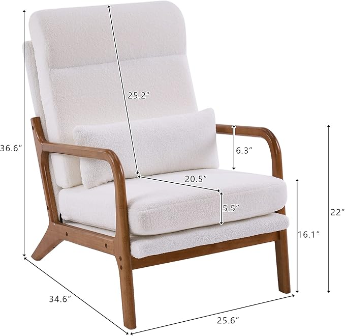 Karl home Accent Chair Mid-Century Modern Chair with Pillow High Back Teddy Fleece Upholstered Lounge Arm Chair with Solid Wood Frame &amp Soft Cushion for Living Room Bedroom Balcony White