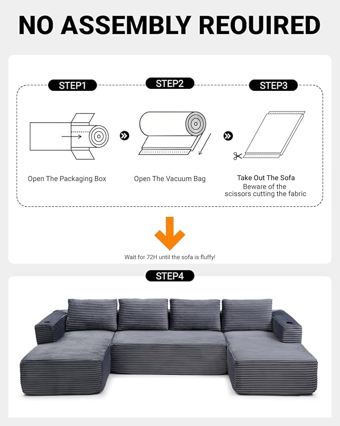 132 Modular Sectional Sleeper Sofa Boneless Cloud Couch for Living Room U Shaped 5 Seat Sofa with 2 Cup Holders Free Combination No Assembly Required (Grey)