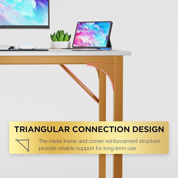 Bigacc Computer Desk Office Desk with Metal Frame Adjustable Feet | Water-Resistant Scratchproof Surface | Sturdy Writing Table for Home Office or Study (White Gold 39 Inch)