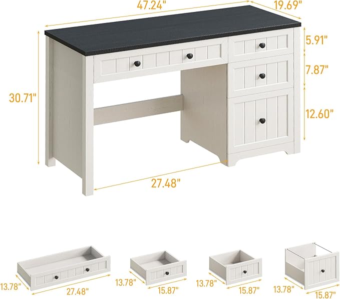 Vabches Farmhouse Executive Desk with 4 Drawers Home Office Desk with File Drawer Wood Computer Desk with Storage Rustic Office Desk for Work Study Writing Black White