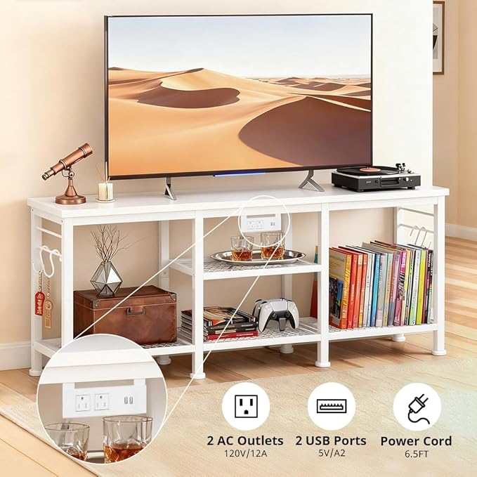 LUCKLIFE TV Stand with Charging Station for TVs up to 55 InchRustic Wood Entertainment Center with 3-Tier Storage ShelvesModern TV Media Console Table with 4 Hooks for Living RoomBedroom(White)