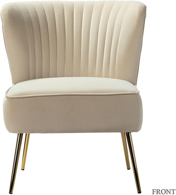 Tina's Home Velvet Armless Accent Chair Upholstered Modern Small Side Chair with Golden Legs Comfy Cute Wingback Slipper Chair for Living Room Study Beauty Room Thickly Padded(TAN)