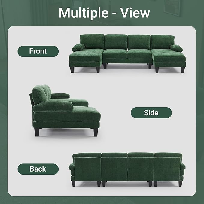VINGLI 110 Sectional Couches for Living RoomU Shaped Couch with Double Chaise 4-Seat Sofa Set with Chenille Fabric for Home FurnitureForest Green