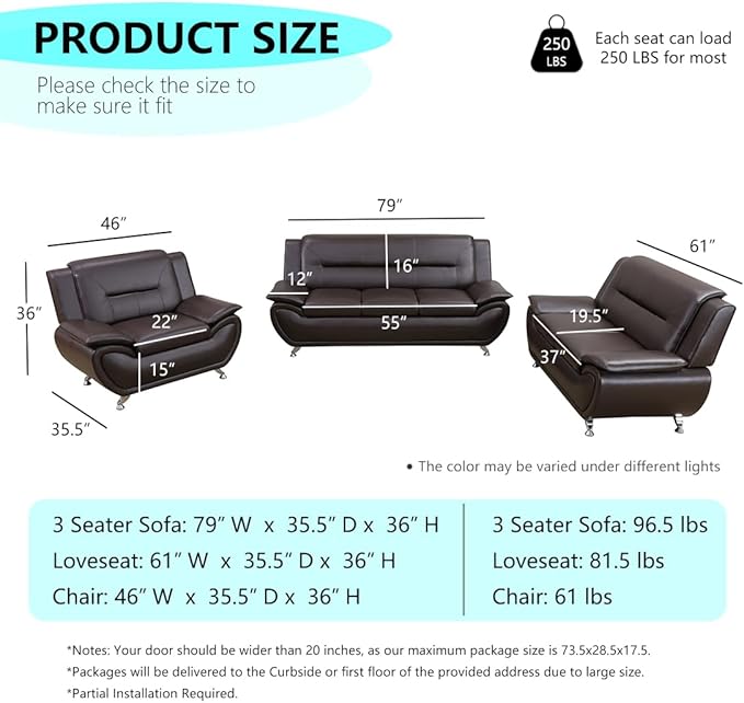 Brown Leather Sectional Sofa Couch Set Modern Sofa Set with Metal Feet 3PCS Living Room Furniture Set Easy Clean Faux Leather Loveseat &amp 2 Chairs for Home/Office/Club 2+1+1 Dark Brown