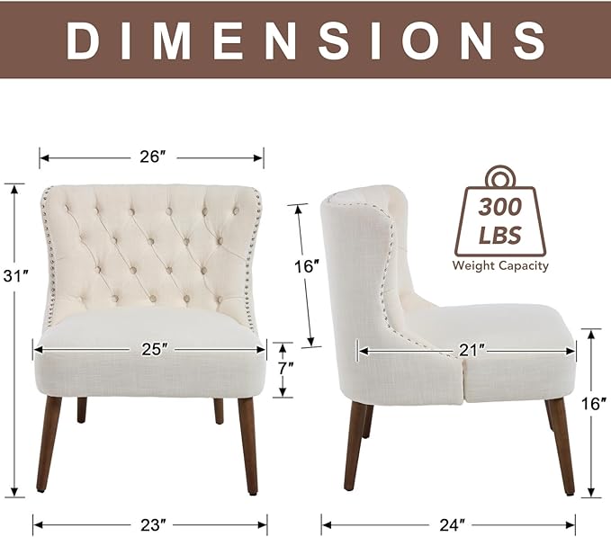 chairus Tufted Slipper Accent Chairs Set of 2 Linen Upholstered Armless Living Room Chairs with Nailhead Trim Mid-Century Modern Wingback Side Chairs for Bedroom Office Reception Beige