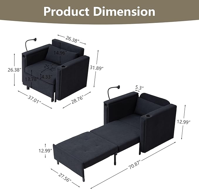 ORRD Pull Out Sofa Chair Bed 2-in-1 Multi-Functional Sleeper Couch Small Loveseat Bed with Hidden Side Table Phone Holder and Cup Holder for Living Room Small Space Apartment (Black)