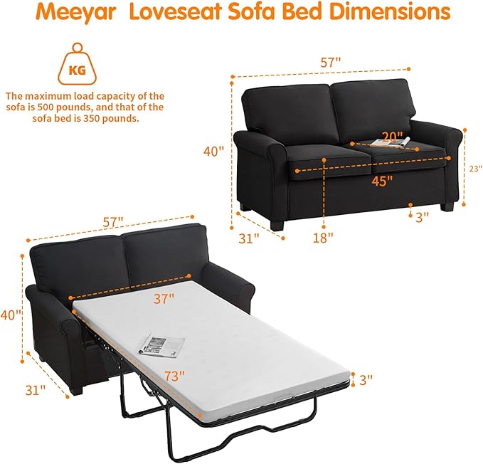 57 Pull Out Sofa Bed with Mattress Convertible Sofa Bed Loveseat Twin Sleeper Sofa Couch with Pocketed Coil Seating Upholstered Fabric Sofa Bed for Small SpacesBlack | sofa bed futon sofa bed s
