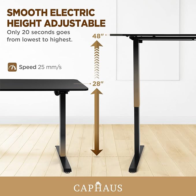 CAPHAUS 48 x 24 Inches Whole-Piece Deskboard Electric Standing Computer Desk Home Office Height Adjustable Desk with Memory Control Panel Black Metal Frame &amp P2 Grade Black Desktop Single Motor