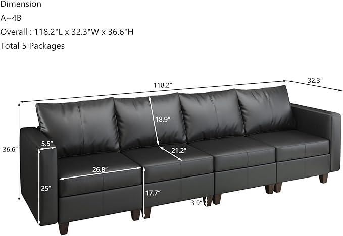 EASE MOOSE Modular Sectional Couch with Storage Seats 4 Seat Faux Leather Convertible Modular Sofa Sectional Sofa Couch with Reversible Chaises for Small Spaces Black