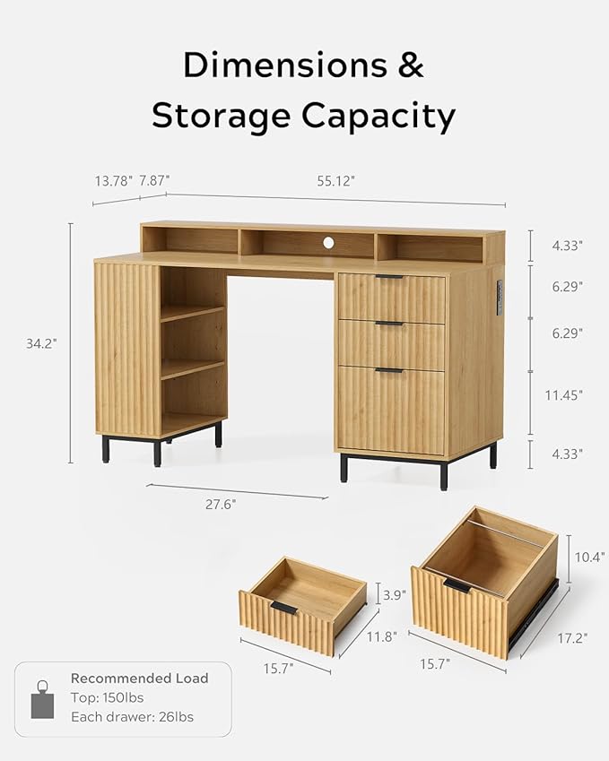 Fluted Executive Desk with Charging Station 55 Modern Wood Office Desk with Monitor Stand &amp File Drawer Home Writing Study Computer Table for Work Study Natural Oak