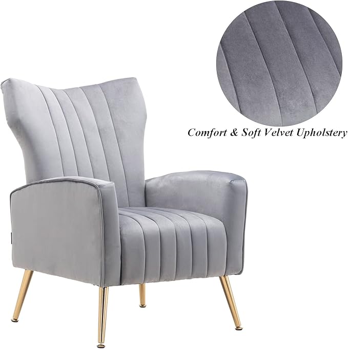 Velvet Accent Chair Modern Wingback Comfy Chair Tufted Reading Armchair with Gold Legs for Living Room/Bedroom Grey