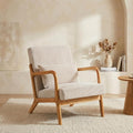 Corduroy Upholstered Mid Century Modern Accent Chair with Wide Armrests and Pillow Comfy Reading Armchair for Living Room Bedroom Guest Room (Beige+Light Oak Finish Frame)