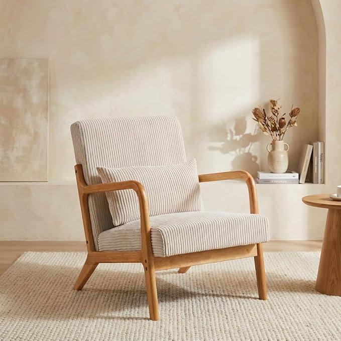 Corduroy Upholstered Mid Century Modern Accent Chair with Wide Armrests and Pillow Comfy Reading Armchair for Living Room Bedroom Guest Room (Beige+Light Oak Finish Frame)