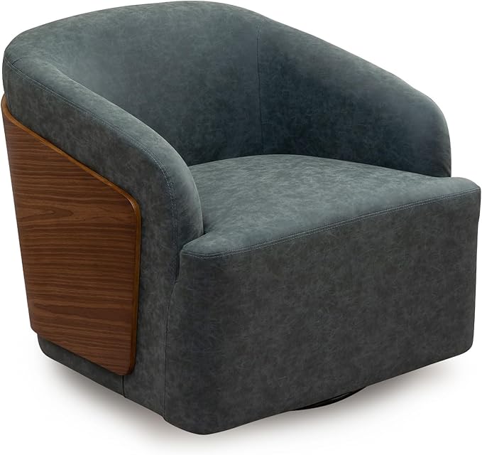 Swivel Accent Chair Faux Leather Swivel Barrel Chair Comfortable Mid Century Modern Chair Upholstered Metal Base Armchair for Living Room Bedroom Office Large Vintage Blue