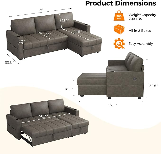 Fadware 89” L Shape Sofa Sleeper Sectional Sofa Bed with Hidden Storage&amp Side Pocket Anti-scratch Faux Leather Couch Bed with ChargePort&amp CupHolder Modern Piano Design Pull Out Couch for Li