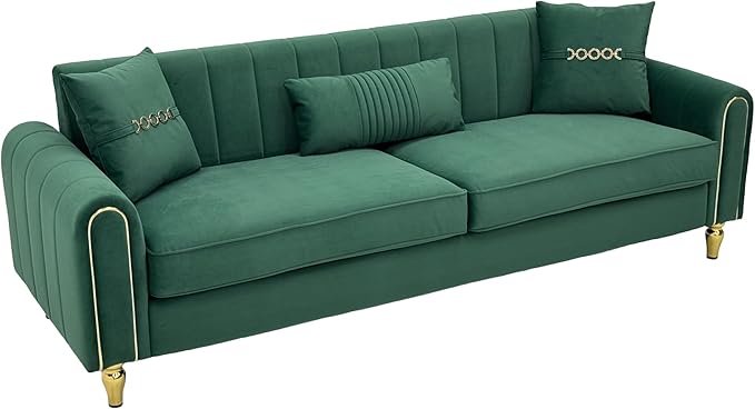 Modern 3-Seaters Velvet Sofa Upholstered Couch with Pillows and Gold Metal Legs for Living Room Office Apartment (Green)