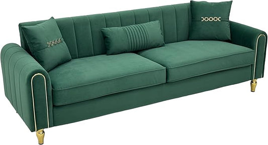 Modern 3-Seaters Velvet Sofa Upholstered Couch with Pillows and Gold Metal Legs for Living Room Office Apartment (Green)