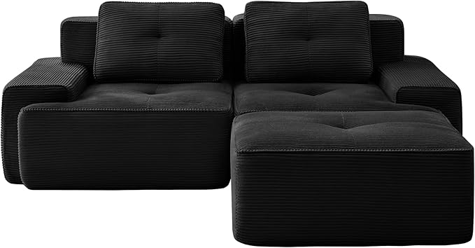 Casaphoria 80 Black Corduroy Cloud Couch Boneless Modular Sectional Sofa for Living Room with Deep 2-Seat &amp 1-Ottoman L Shape Cloud Couch No Assembly Required
