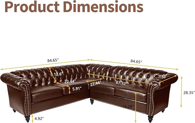 QHITTY Sectional L-Shaped Sofa Chesterfield Faux Leather Couch 5 Seater Upholstered Small Accent Tufted Sofa with Nailhead Design and Rolled Armrest for Living Room Apartment Office (Dark Brown)