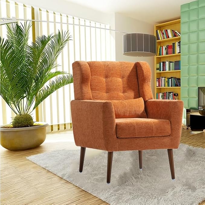 Modern Accent ChairChenille Fabric Reading Living Room Side ChairSingle Sofa with Wood Legs Armchair for Living Room Bedroom(Orange)