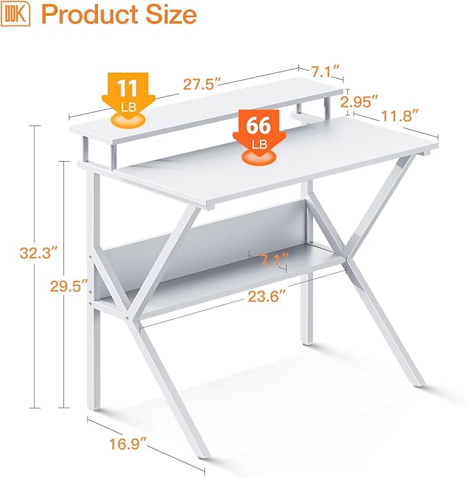 ODK Small Computer Desk 27.5 inch Desk for Small Spaces with Storage Compact Table with Monitor &amp Storage Shelves for Home Office Modern Style Laptop Desk Pure White