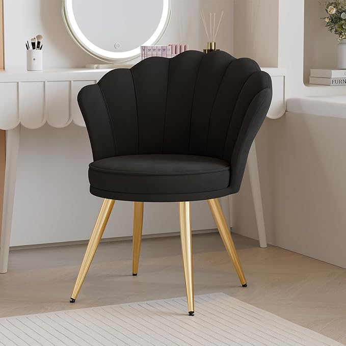 Velvet Accent Chair with Gold Metal Legs Vanity Chair for Makeup Room Upholstered Guest Chair for Living Room for Bedroom Black