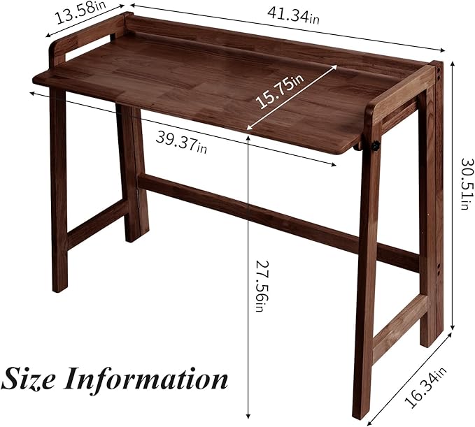 Computer Desk Foldable Desk Home Office Desks Solid Wood Writing Desk Mid Century Modern Desks Oak Study Table Folding Desks for Small Spaces 39.4 W x 27.6 H x 13.6 D Inches Walnut