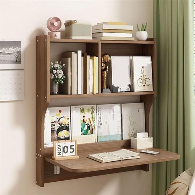 Wall Mounted Folding Table Floating Desk for Wall with Storage Shelves Space Saving Wall Desk Fold Down for Home Office Bedroom(Brown)