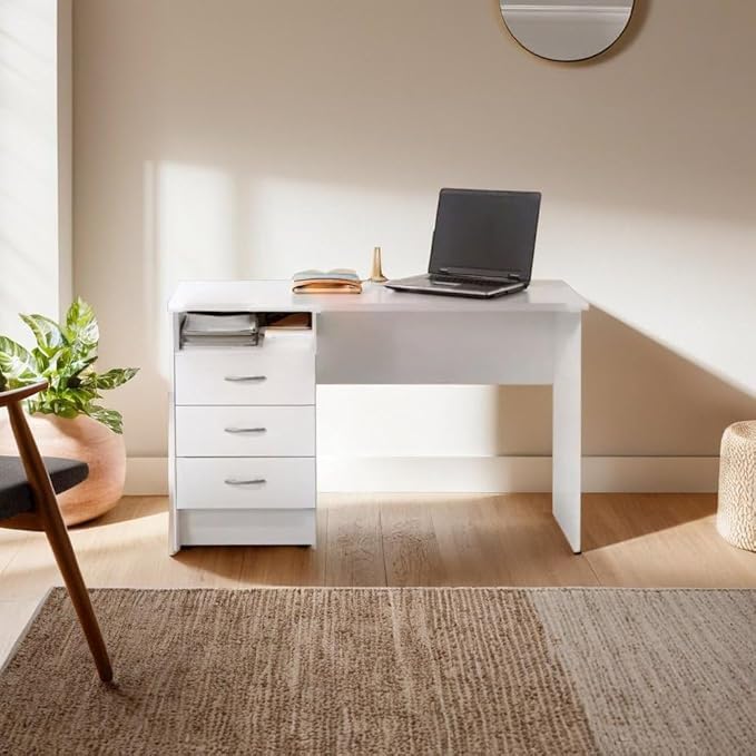 Stylish White Desk with Three Drawers and Open Shelf for Home Office