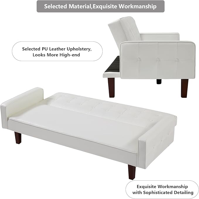 mikibama PU Faux Leather Futon Sofa Couch Upholstered Convertible Sleeper Sofa Bed Futons Modern Tufted 3 Seater Sofa Bed Couch for Living Room Apartment Small Spaces with Solid Wood Legs