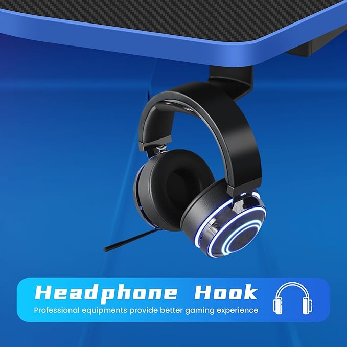 Gaming Desk 39 Inch Z-Shaped Computer Desk Modern Ergonomic PC Computer Table Home Office Desk Racing Style Gaming Workstation with Headphone Hook Blue