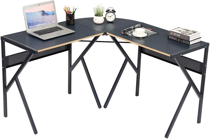 L-Shaped Desk Corner Computer Desk Space-Saving &amp Multifunctional Home Office Desk Writing Workstation Study Desk with Round Corner (Dark Grey)