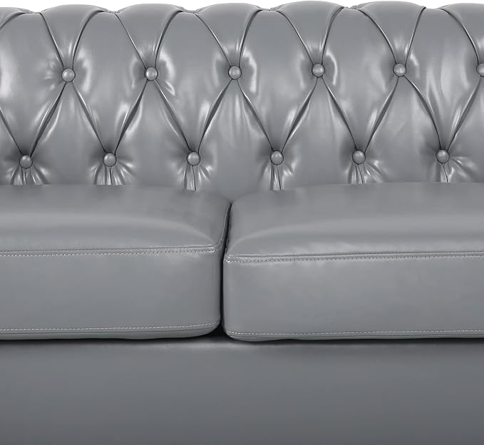 RARZOE Traditional Chesterfield PU Loveseat Sofa Modern Vintage Chesterfield Button Tufted Faux Leather Couch with Nailhead Trim Scrolled Arms for Living Room Bedroom Office(Grey)
