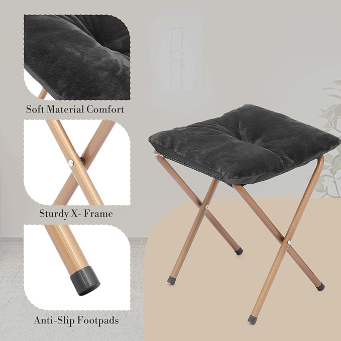 Athena Collection Round Saucer Chair with Ottoman Set for Adults Oversize Comfy Cozy Faux Fur Folding Reading Chair with Metal Leg Lazy Relaxing for Living Room Bedroom Dorm Apartment Black