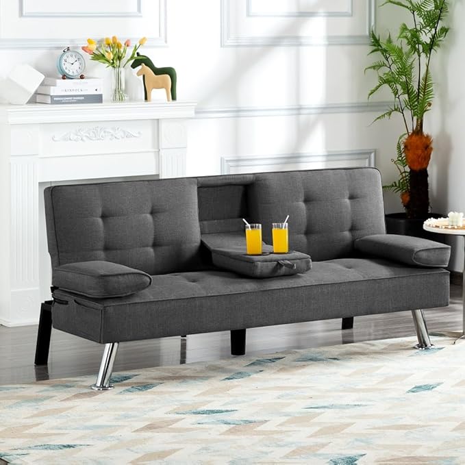 Sofa Bed Adjustment Sofa Double-Sided Double Sofa Folding Sofa Bed GuestbedcupholderBed Modern PU and Polyester Lounge Chair (Dark Grey)