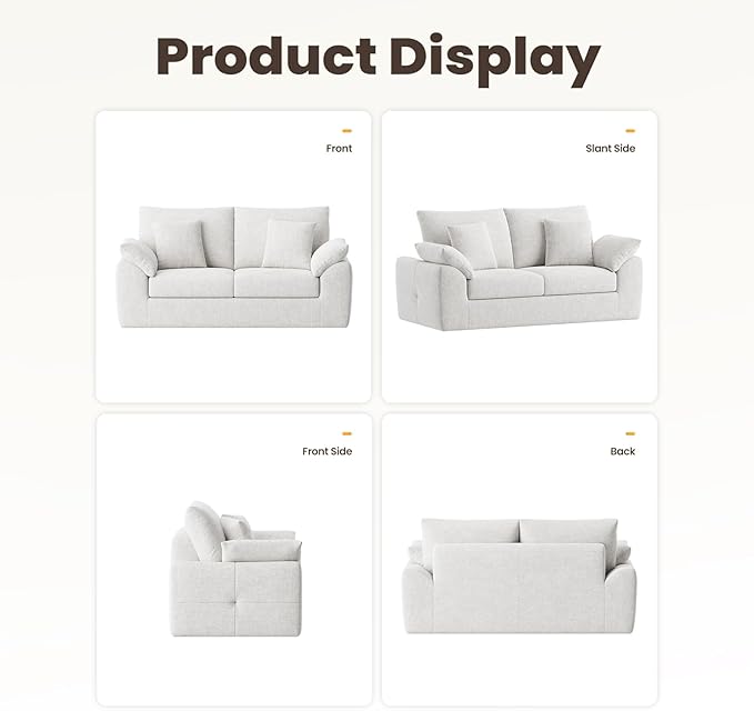 76 Boneless Loveseat Sofa Cloud Foam Couch 3 Seater Upholstered Midcentury Mondern Love Seat Wide Armrest and 4 Pillows for Home Living Room/Small Spaces No Assembly Required Beige