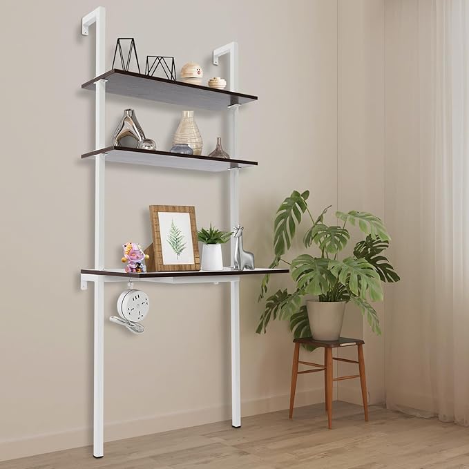 2-Shelf Industrial Wall Mount Ladder Wall Mount Computer or Writing Desk Computer Laptop Desk with Shelves Floating Desk with Storage Wall Table for Home Office White (20x30x72.5)