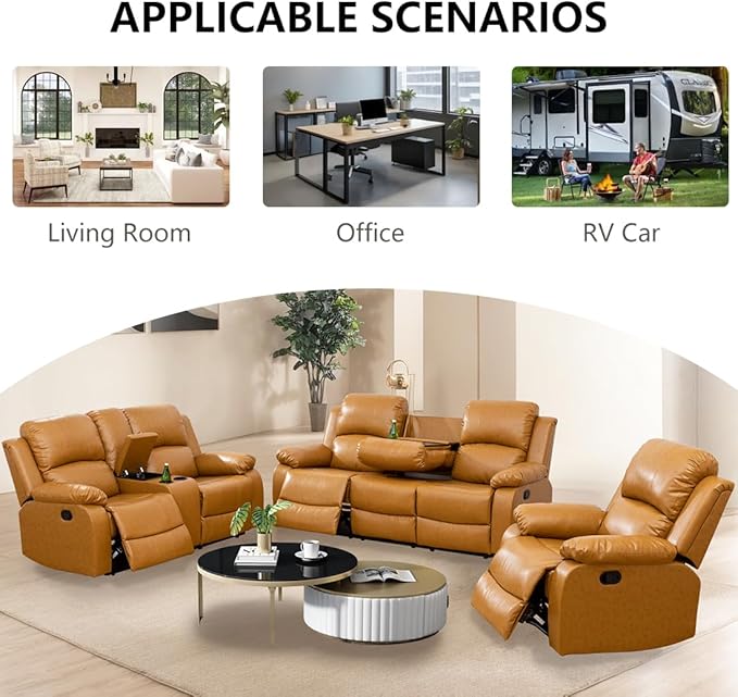 Leather Manual Recliner Sofa Modern 3 Seat Reclining Sofa Recliner Couch with Cup Holders &amp Coffee Table Luxury Couch Furniture for Living Room/Office/RV Car/Home Theater (3 Seater Ginger)