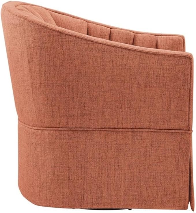 Pemberly Row Coral Polyester Fabric Skirted Swivel Accent Chair Channel-Tufted Back Flared Arms Plush Coil Spring Seat 29.25W x 30.75D x 32H Coastal Style Living Room or Relaxation Space Use