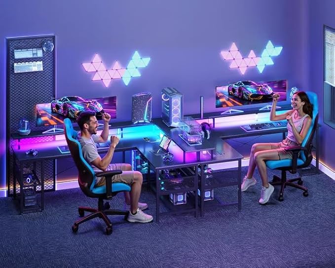 ODK 66 L Shaped Gaming Desk with Power Outlet and LED Lights PC Gaming Table with Carbon Fiber Texture Reversible L Shape Desk with Storage Shelves &amp Monitor Stand Home Office Desk Black